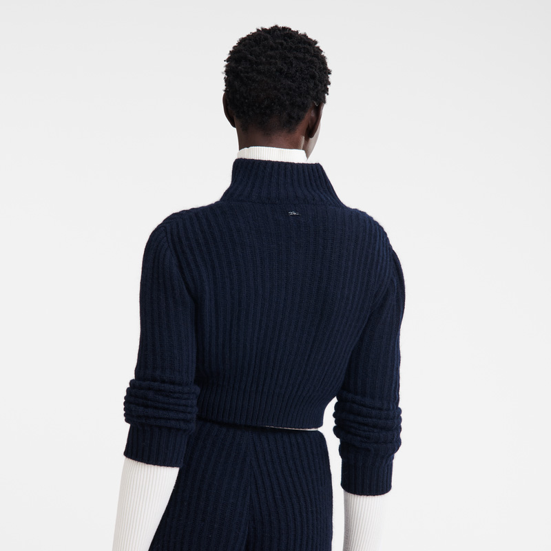 Longchamp | Zip collar short cardigan Navy - Knit | Navy