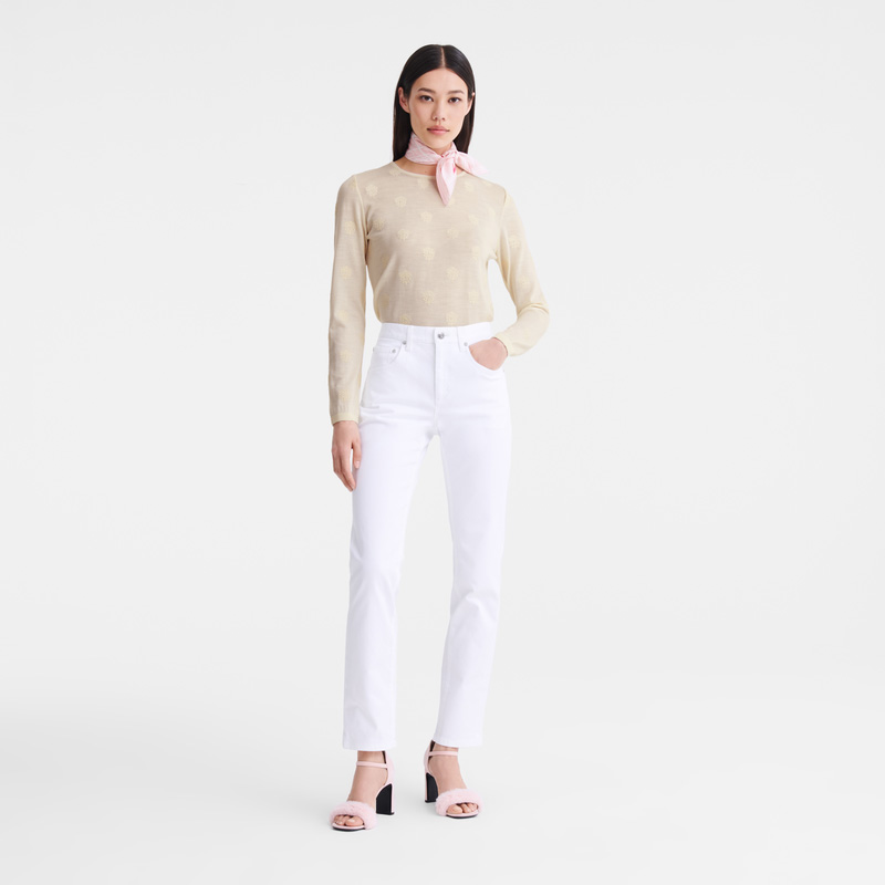 Longchamp | Round neck sweater Ecru - Embroidered knit | Ecru