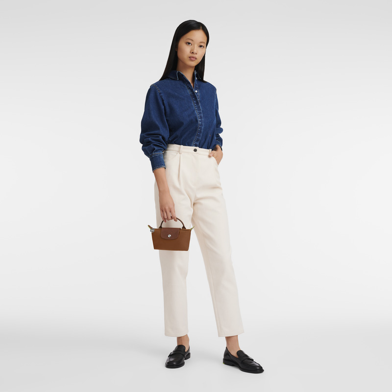 Longchamp | Le Pliage Green Pouch with handle Cognac - Recycled canvas | Cognac