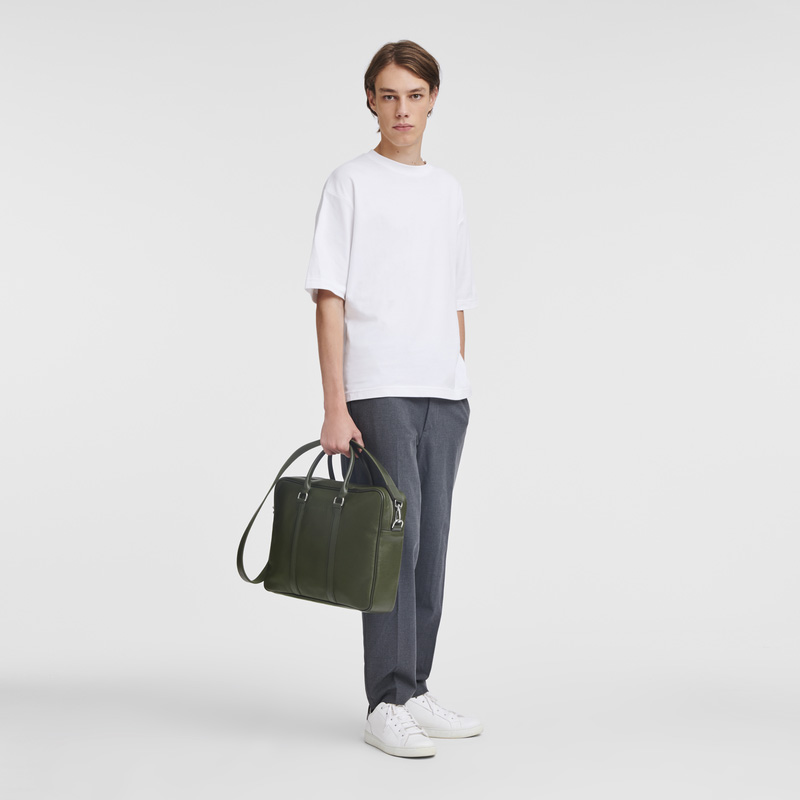 Longchamp | Le Foulonné M Briefcase Khaki - Leather | Khaki