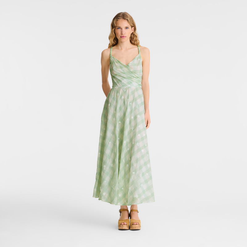 Longchamp | Long dress Aqua Green - Vichy jacquard embroidered | Aqua Green