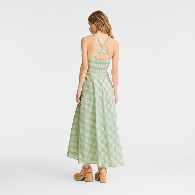 Longchamp | Long dress Aqua Green - Vichy jacquard embroidered | Aqua Green