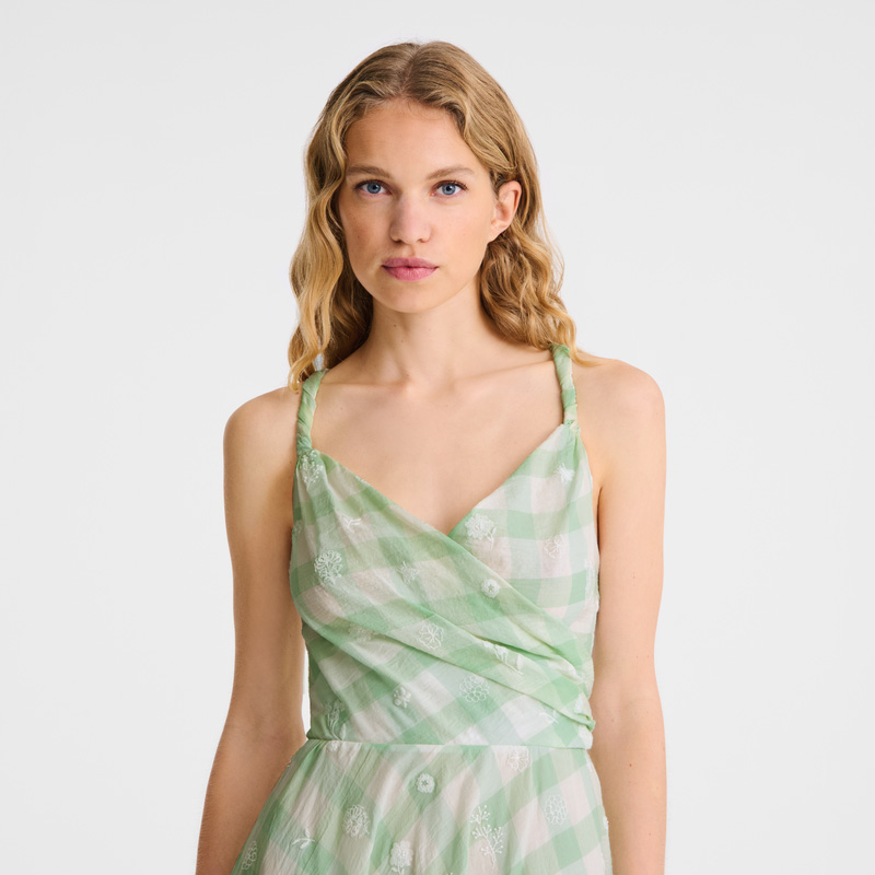 Longchamp | Long dress Aqua Green - Vichy jacquard embroidered | Aqua Green