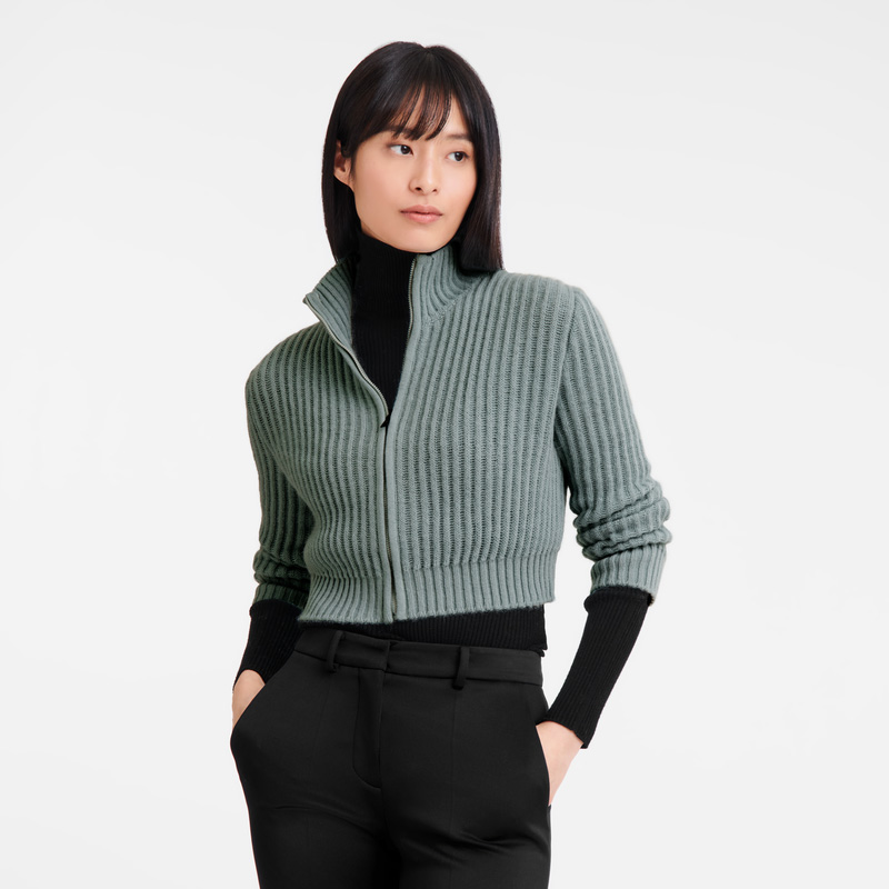 Longchamp | Zip collar short cardigan Celadon - Knit | Celadon